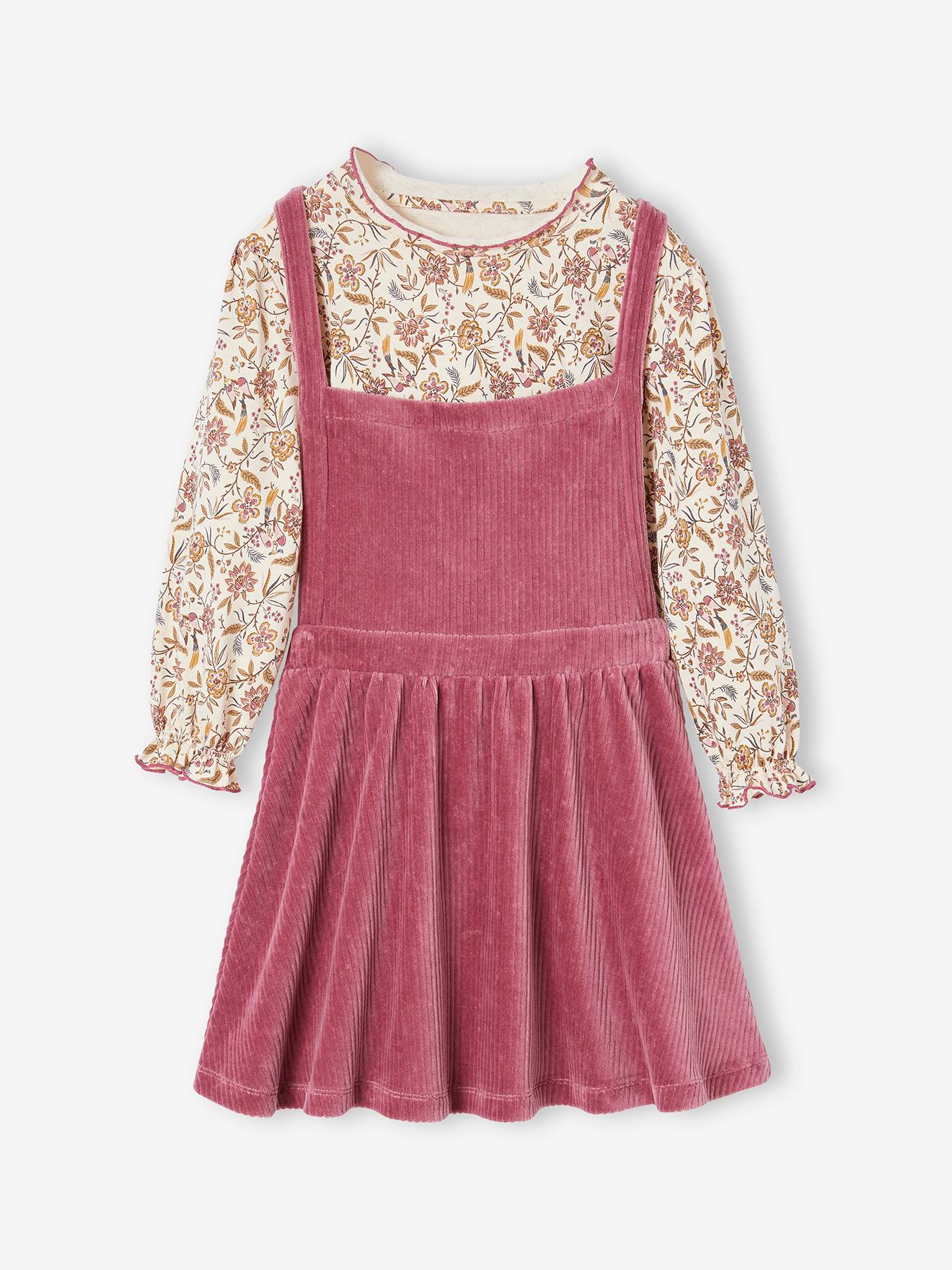 Look da menina: camiseta + vestido avental de veludo cotelê cor malva