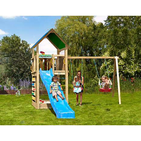 Jungle Gym Lodge 2.1 legetårn inkl. Swing Module og blå rutsjebane