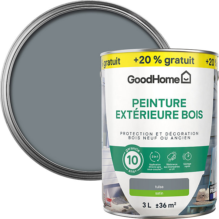 Peinture extérieure bois GoodHome Tulsa gris satin RAL 7046 2,5L + 20% gratuit
