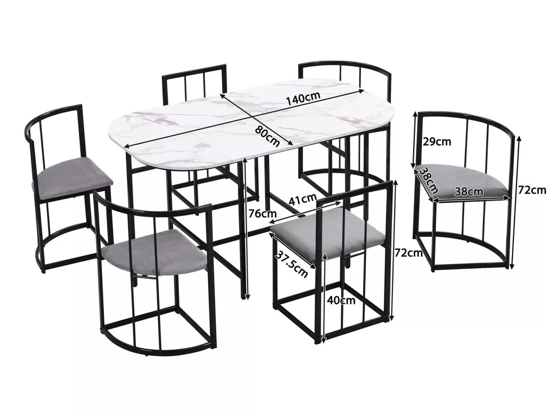 Ensemble table et 6 chaises - chaises avec coussin d'assise et dossier - noir