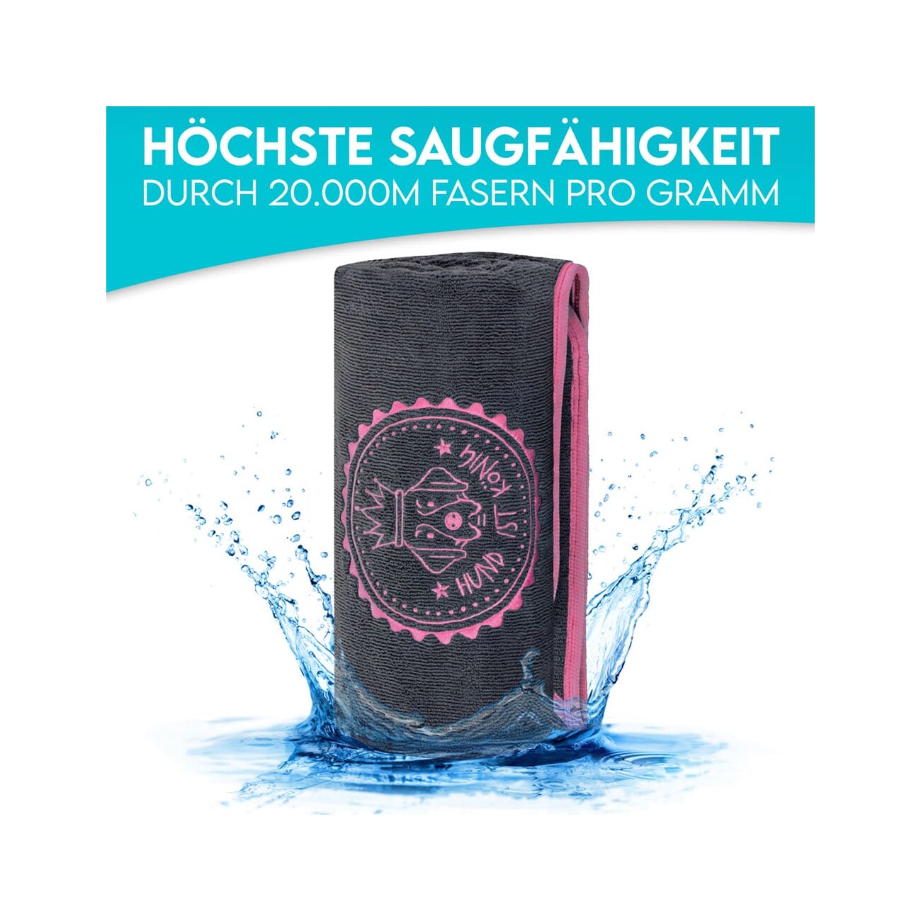 HUND IST KÖNIG ® Hundehandtuch extra saugfähig | Hunde Handtuch aus Mikrofaser mit 4 Eingriffen grau/ rosa