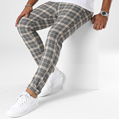 Pantalon A Carreaux Beige Gris