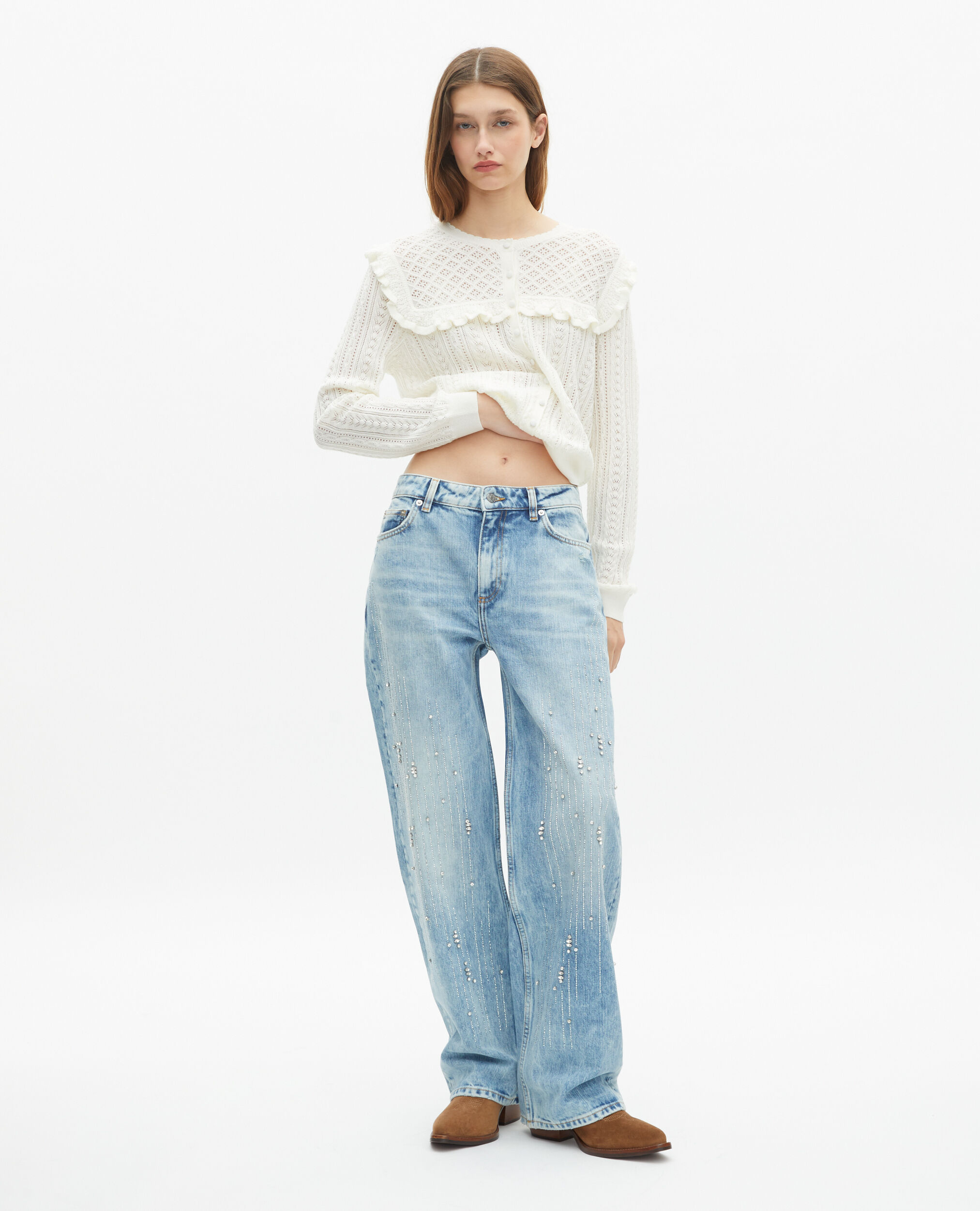 Cardigan avec volants en laine mérinos écru