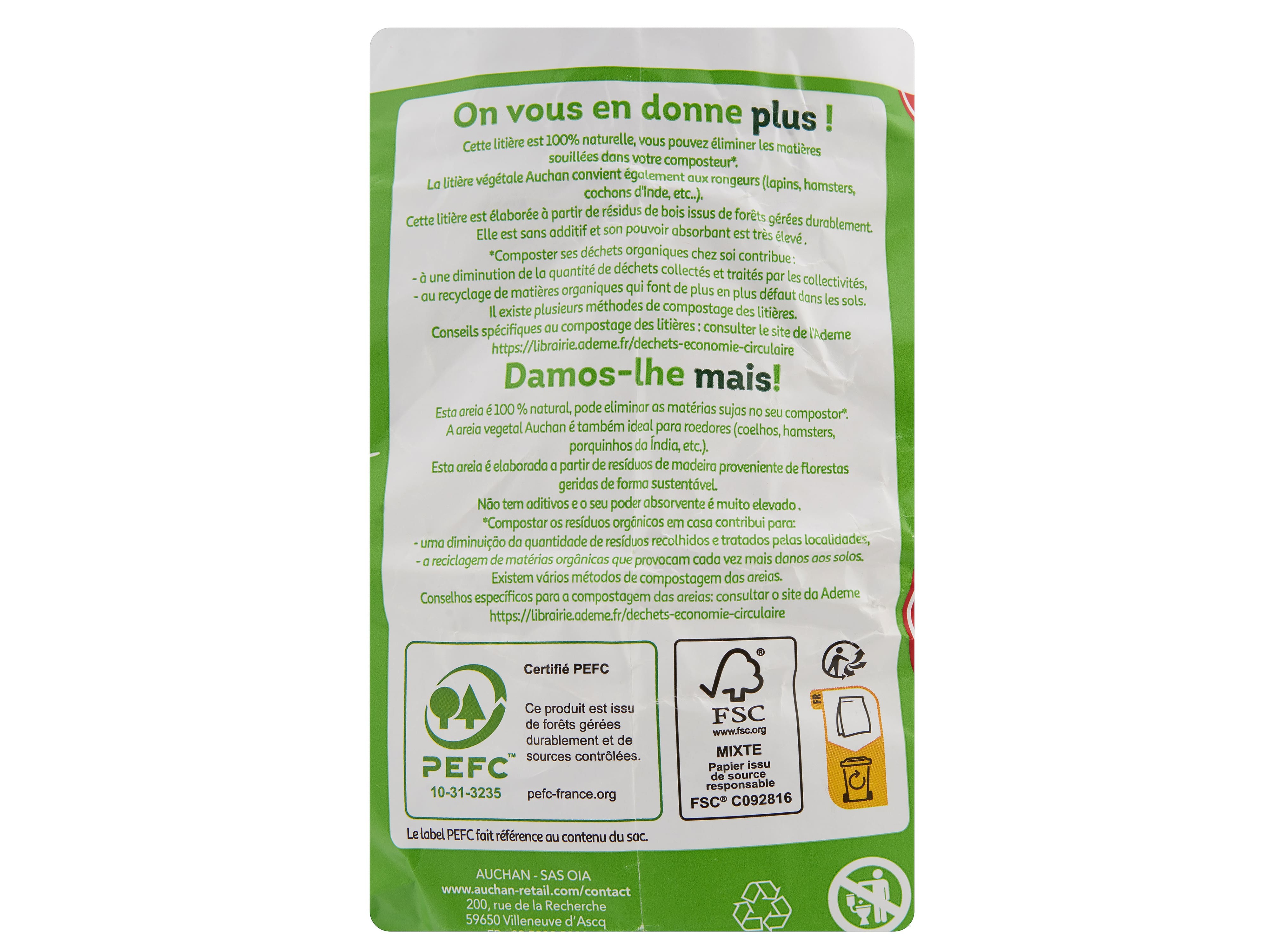 ABSORVENTE VEGETAL AUCHAN FIBRAS DE MADEIRA 100% NATURAIS 10L