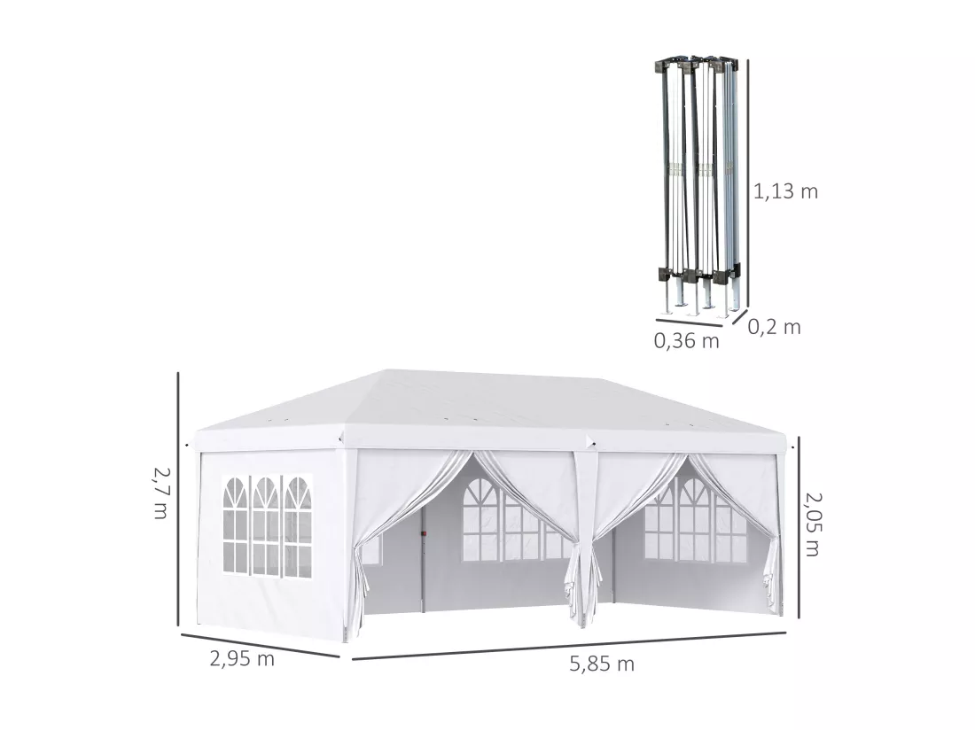 Tonnelle barnum pliant pop-up imperméabilisé 5,85L x 2,95l x 2,7H m 6 parois latérales amovibles 4 fenêtres + sac de transport blanc