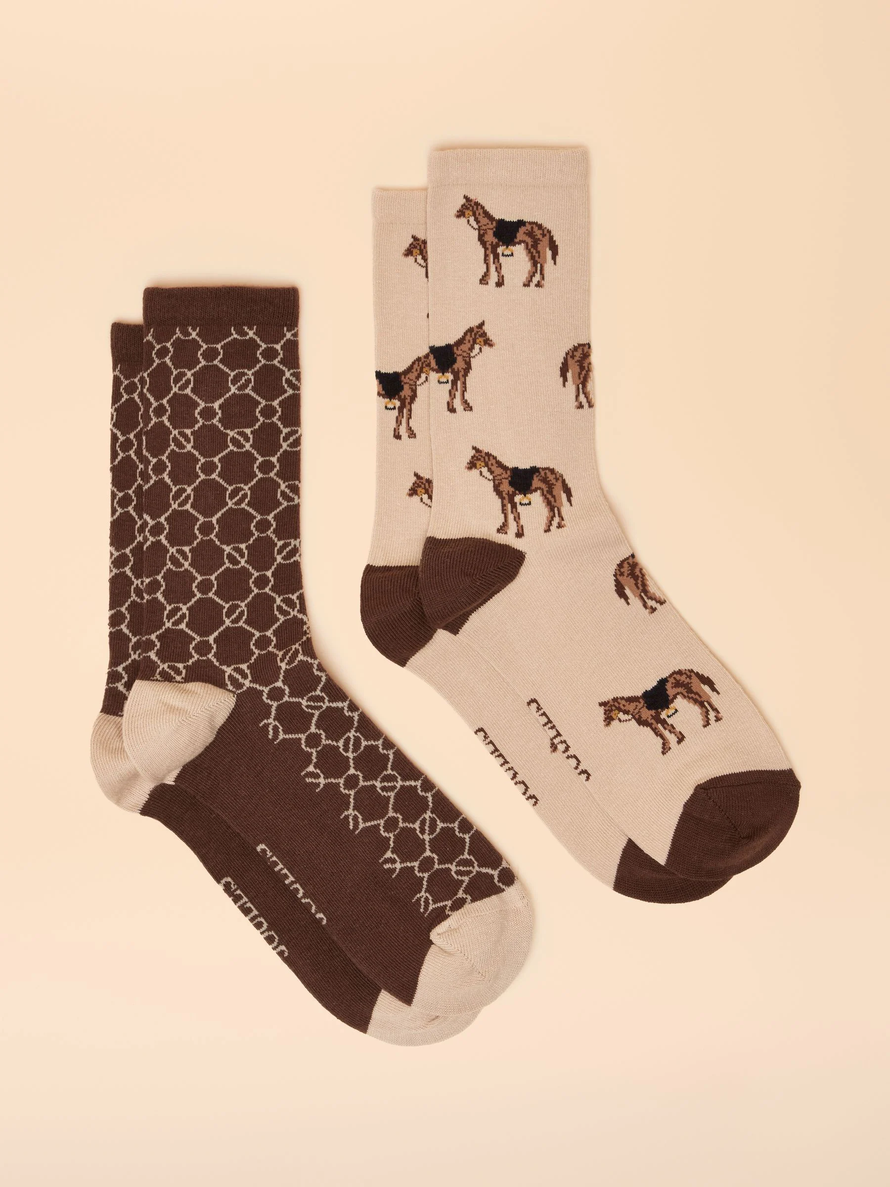 Brown & Cream Horse - Joules dames elke dag katoenen blend sokken 2 pack (maat 4-8)