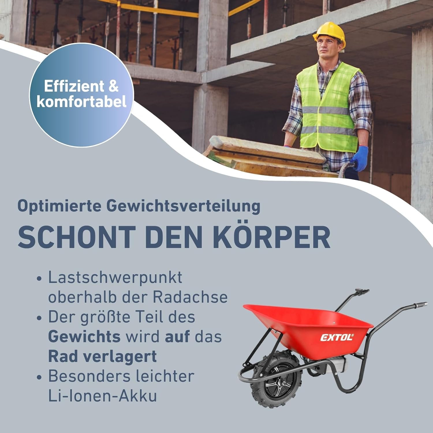 Elektrische Schubkarre mit Akku I 80L Mulde I 150kg Traglast I 500W I 40V Li-ion mit 6000mAh