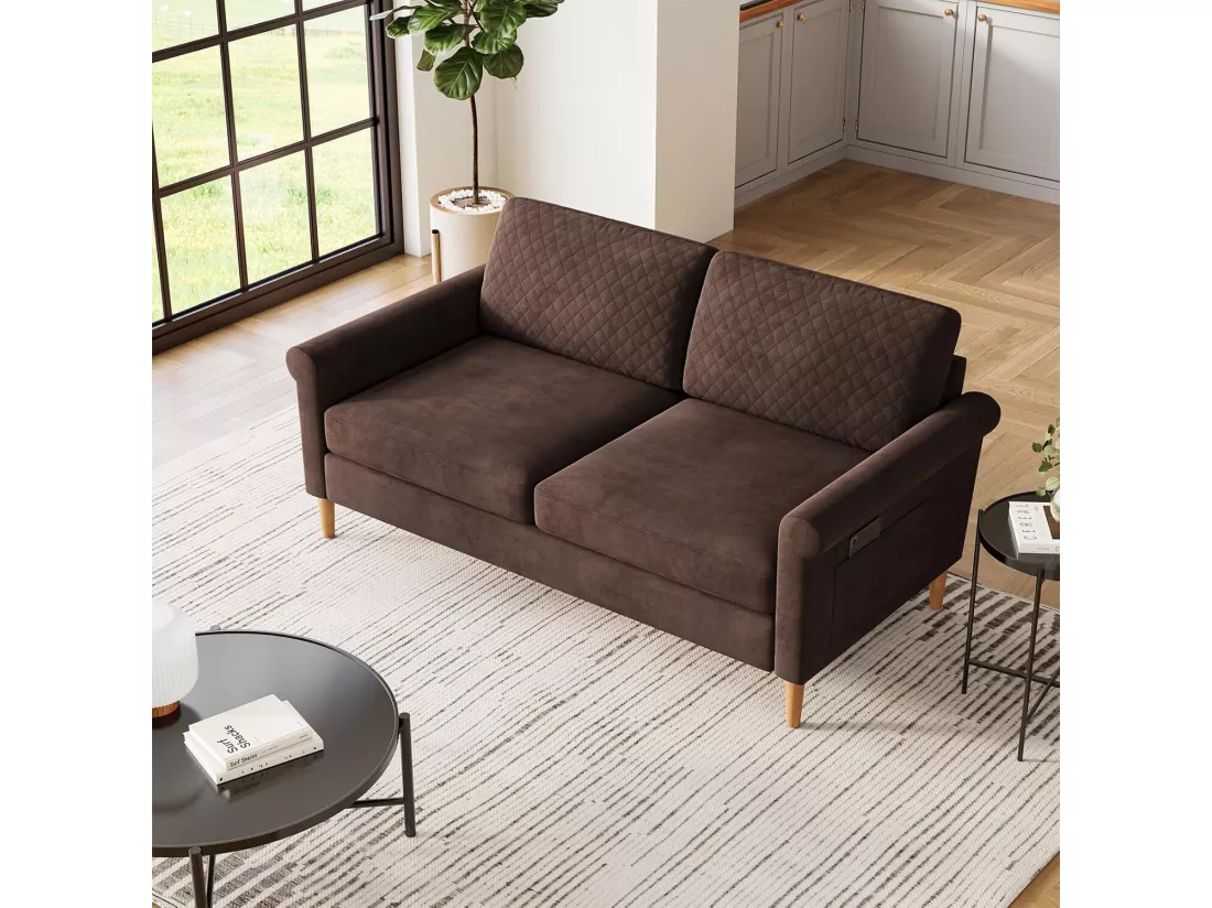 Canapé 2 places confort assise profonde en velours, pieds en bois, 164x76x85cm, Marron