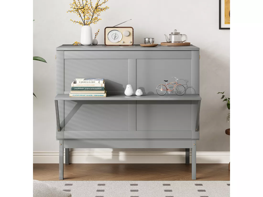 Lit escamotable 90x200 cm en bois - avec sommier à lattes - Gris