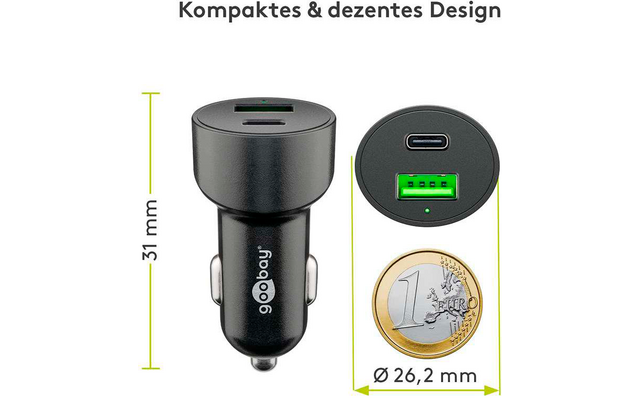 Goobay KFZ USB 2 Port 48W USB-C PD + QC3.0 sw PL Dual-USB Auto Schnellladegerät USB-C