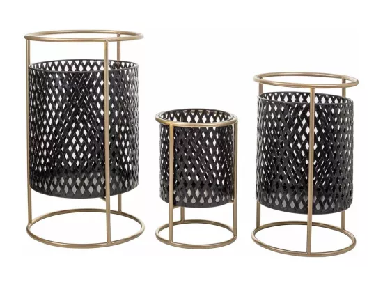Lot de 3 jardinières en métal avec support en métal noir 31x31x72h-26x26x57h-21x21x42h cm