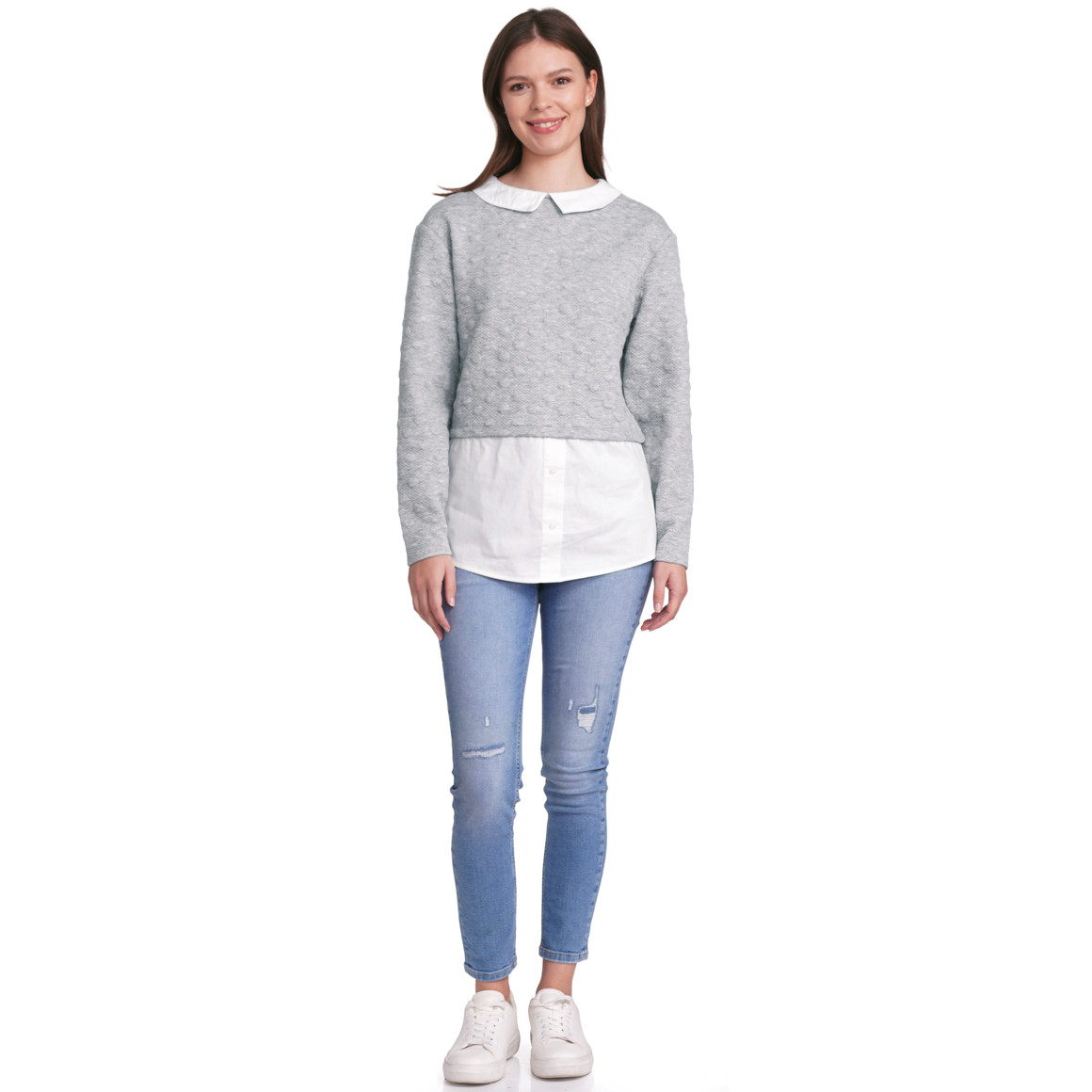 Gina Damen Strickpullover mit Blusen-Einsatz hellgrau / weiss