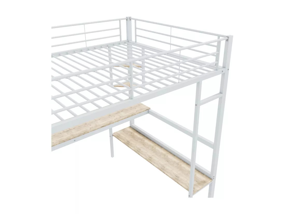 Lit mezzanine en fer - 140x200cm - avec bureau et 5 étagères - Blanc