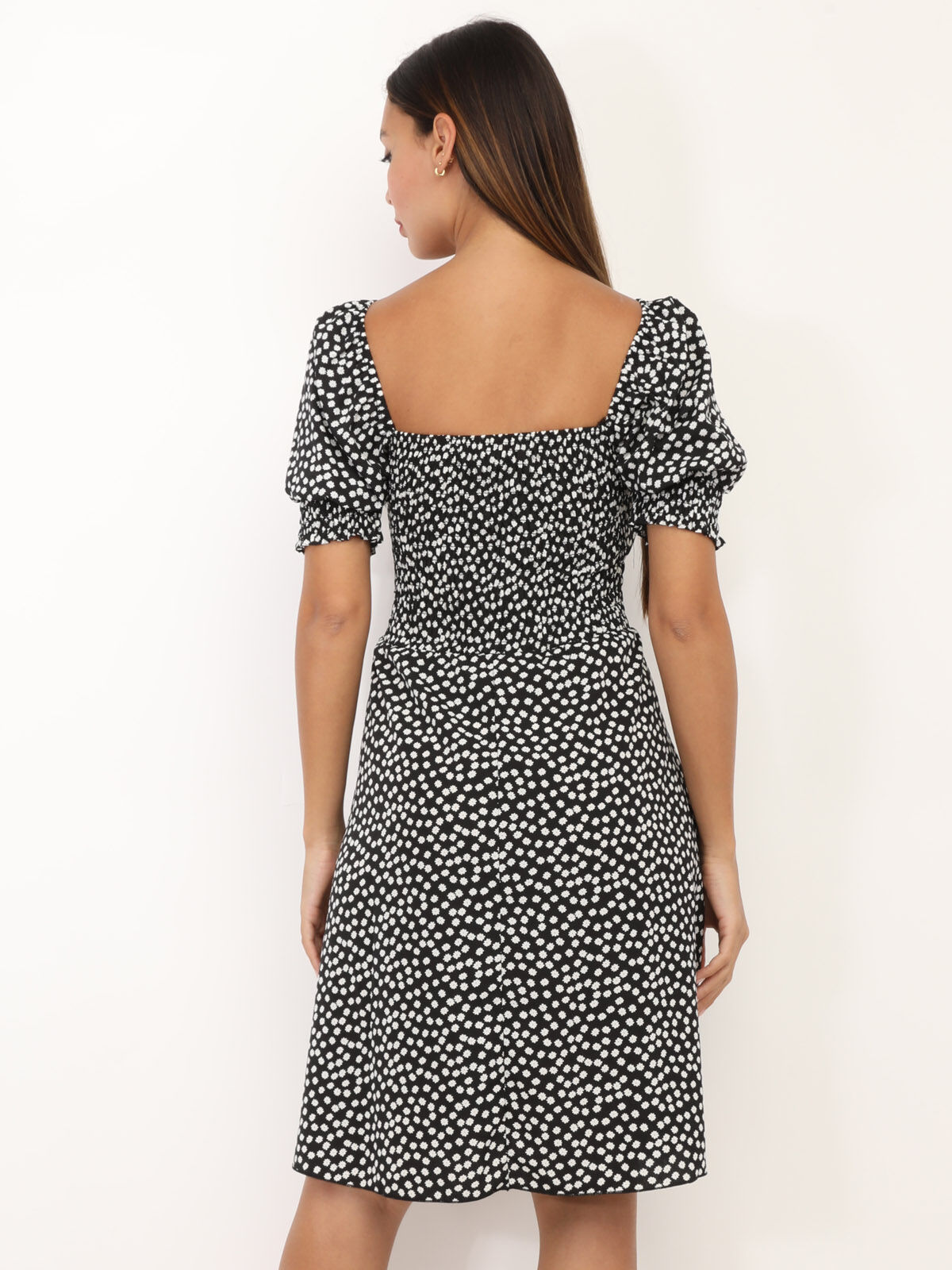 Robe fleurie à manches ballon- Noir
