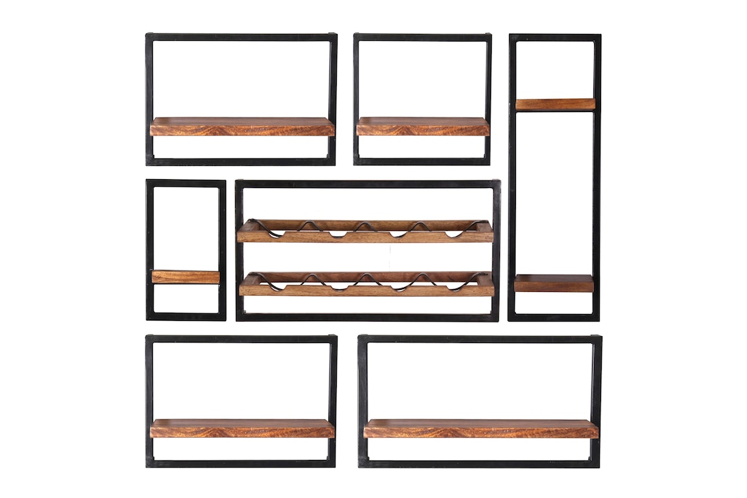 Wandregal-Set 7-teilig Mangoholz Altmetall antikschwarz