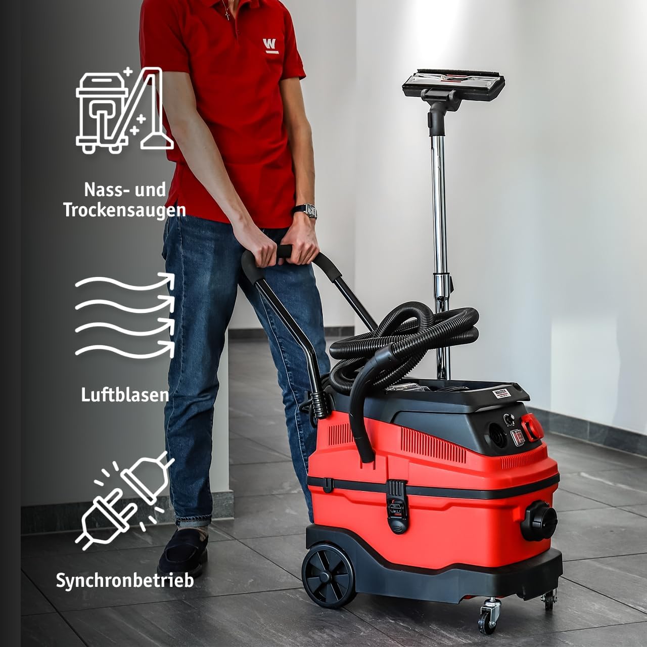 WALTER Industriestaubsauger 3-in-1 mit Wasserfilter, 1600 W, 230 V, Nass- & Trockensauger, mit Steckdose für Synchronbetrieb, Starke Saugleistung bis zu 18 KPa, inkl. umfangreichen Zubehör-Set