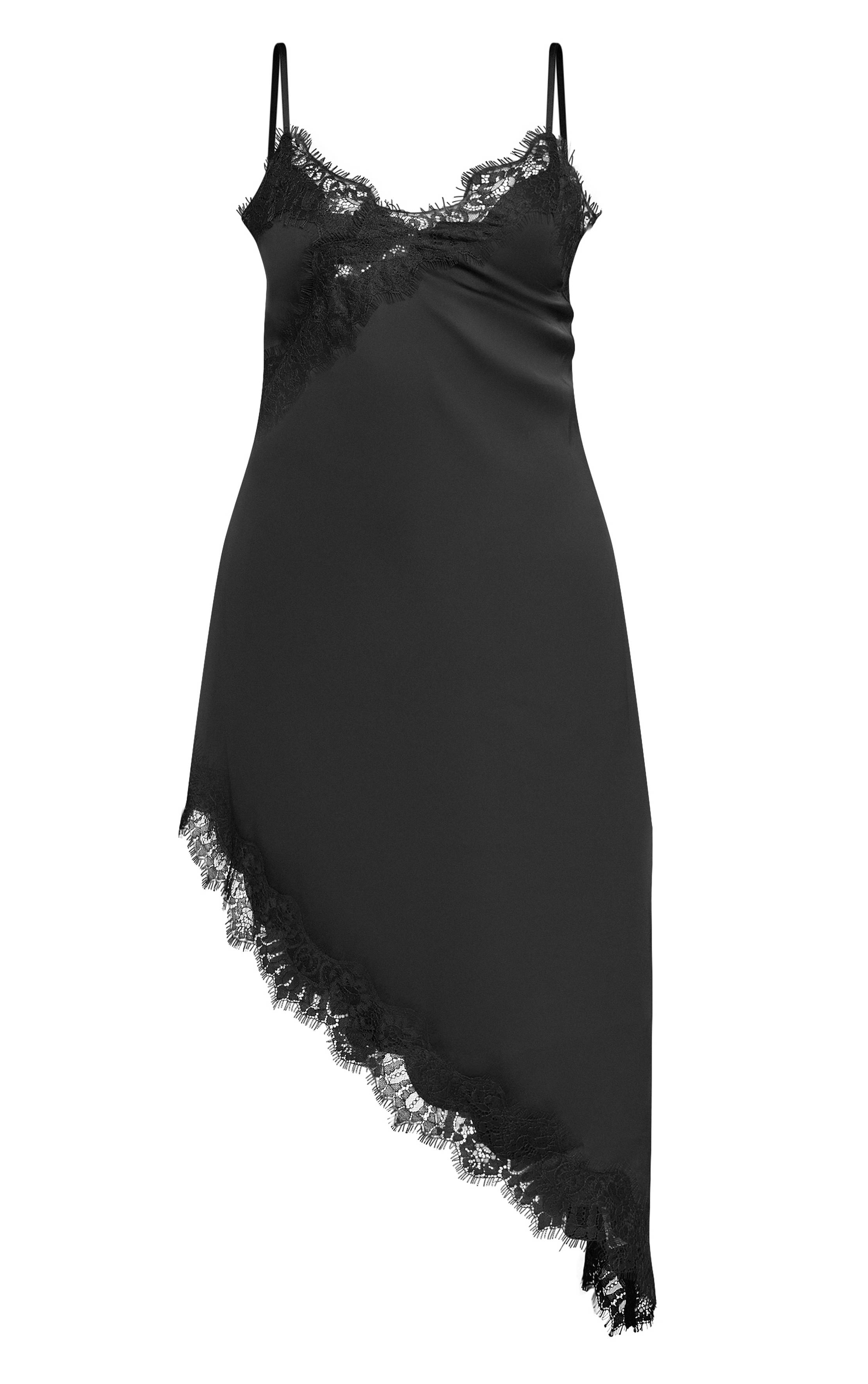Noir Robe Courte Asymétrique En Satin Avec Dentelle