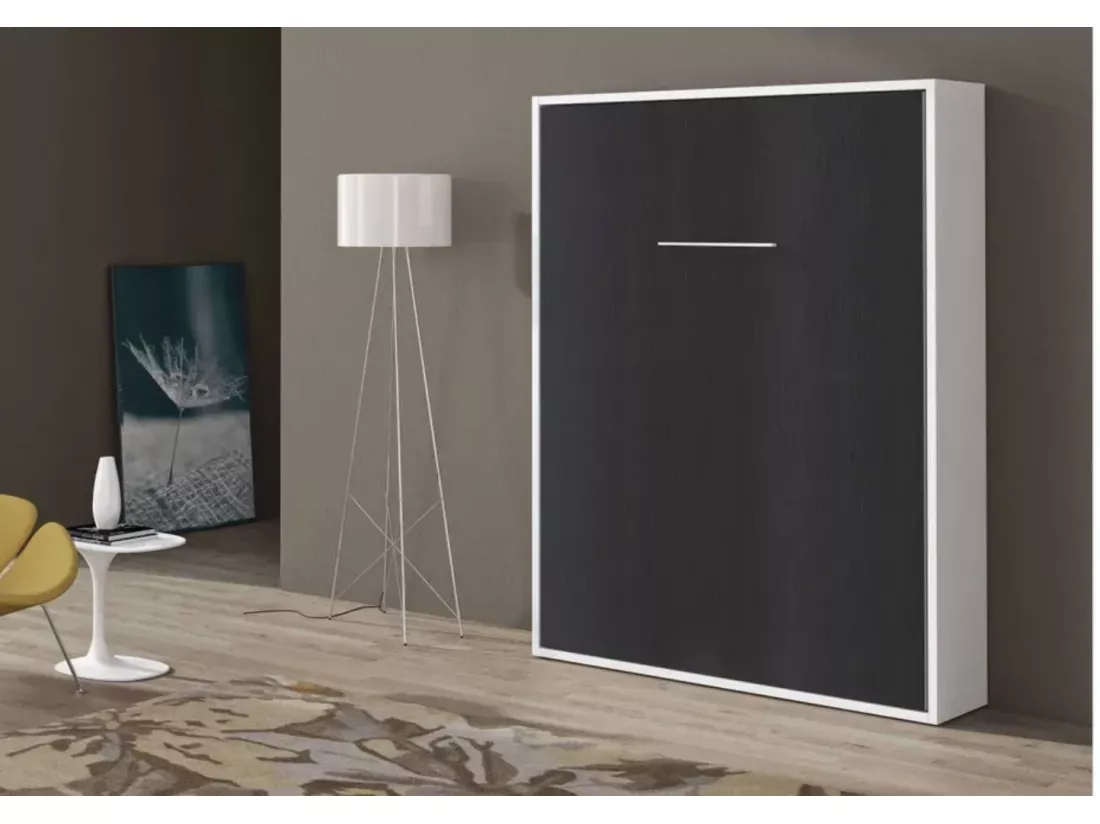 Lit escamotable vertical 140x190 avec étagères intérieures Paola-Encadrement Blanc-Façade Blanche