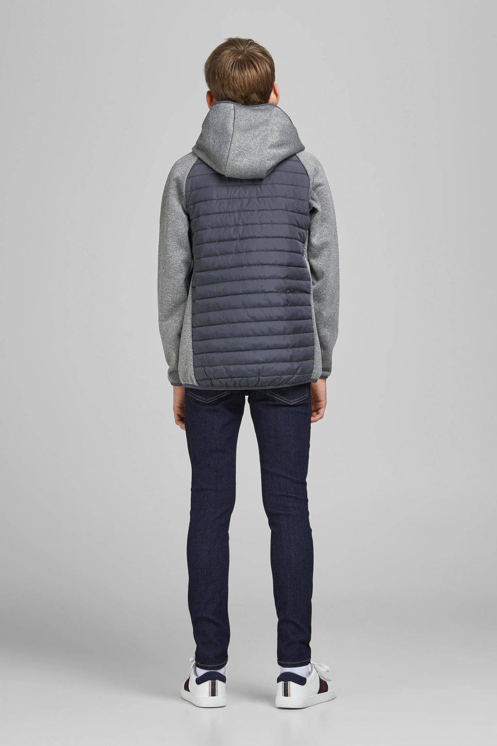 JACK & JONES gewatteerde tussenjas JJEMULTI grijs melange/donkerblauw/oranje