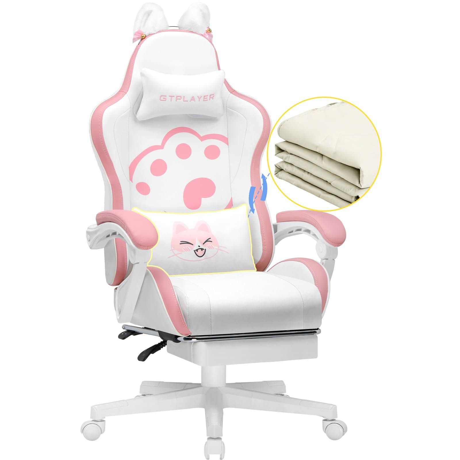 GTPLAYER herní židle se sklopnou bederní opěrkou a kočičíma ušima Sweet Cat Edition, Ergonomická herní židle s opěrkou nohou, počíta...