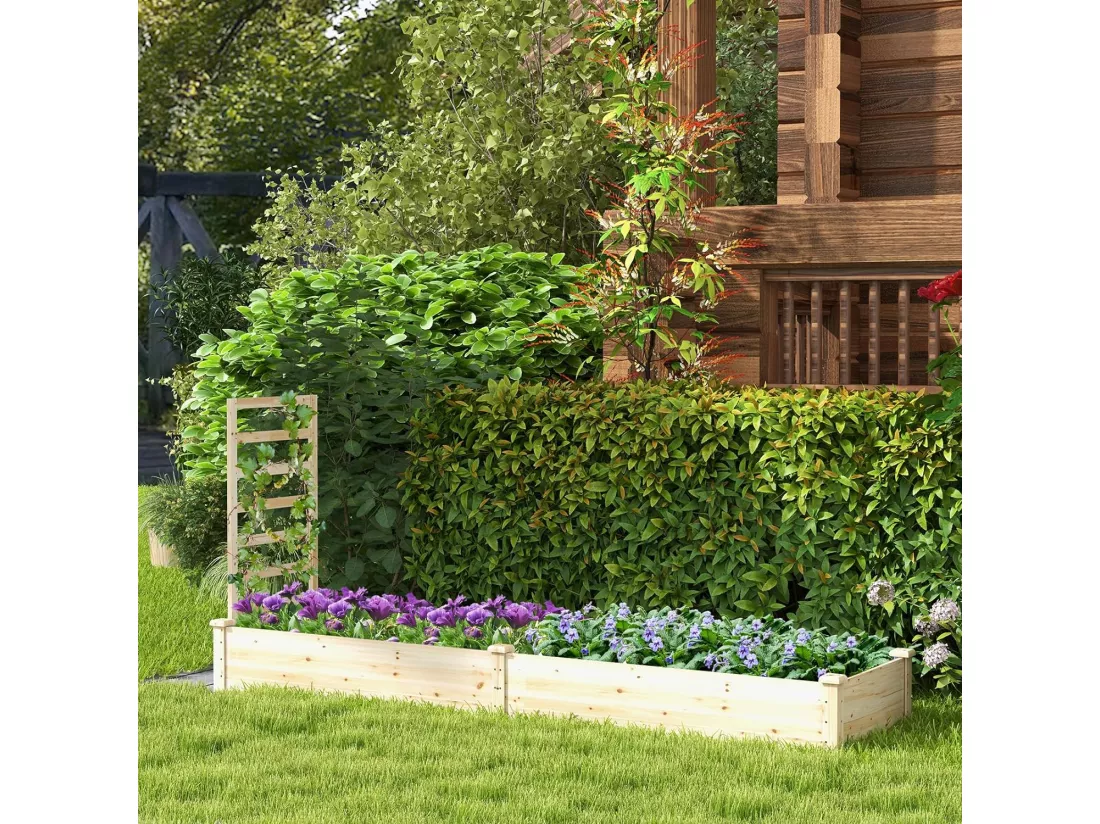 Jardinière avec Treillis en Bois avec Base Ouverte, 2 Bacs à Fleurs Extérieur pour Plante Grimpante, Lit de Jardin Surélevée Résistance à la Pourriture, 235 x 63 x 102 cm