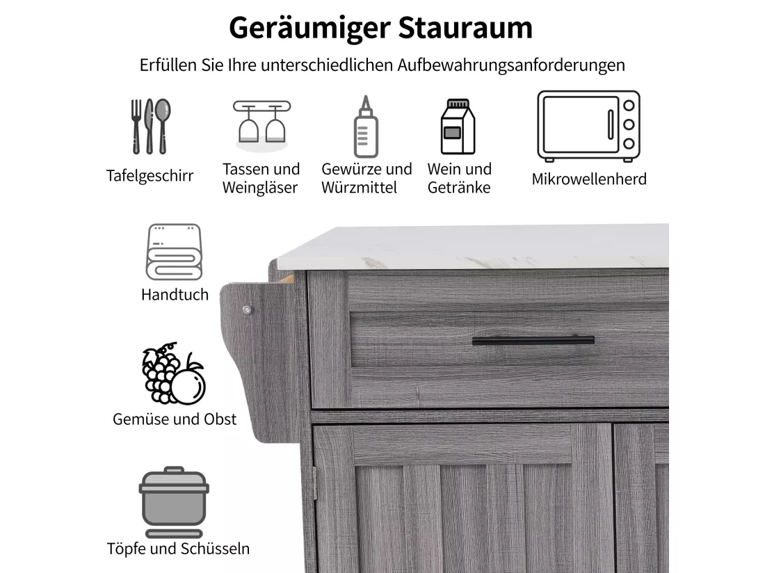 Ilot central de cuisine mobile avec 3 portes et 2 tiroirs - plateau extensible - 129x46/71x91,5 cm - Bois MDF + métal - Gris