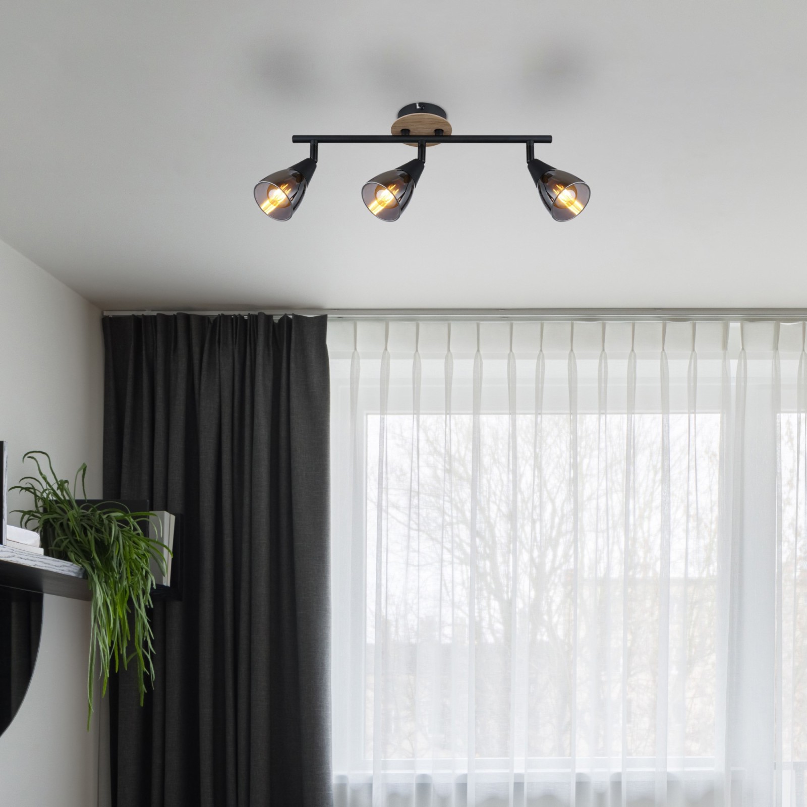 Strahler - schwarz matt - Holz - Glas - 3-flammig