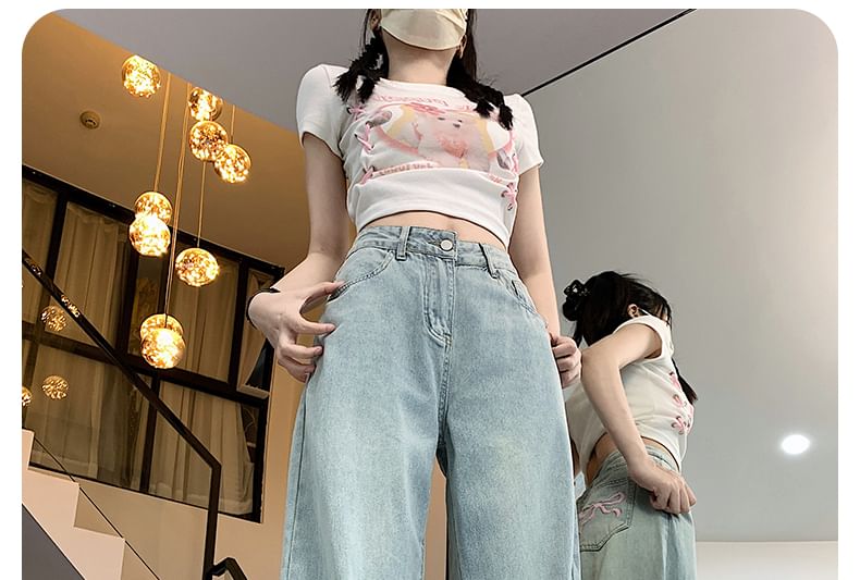 Pinatra - Mid Waist Bow Borduursel Washed Wide Leg Jeans