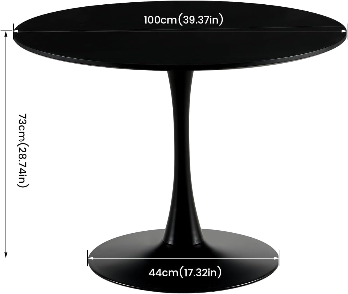Skandinavisch Moderner Runder Esstisch, Schreibtisch, Bartisch, Geeignet für Küche, Esszimmer, Wohnzimmer und Büro, für 2-4 Personen, Durchmesser 100 cm, Schwarz