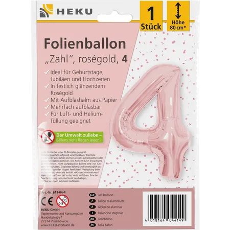 HEKU Folienballon Zahl 4, roségold, mit Aufblashalm, Höhe 80cm