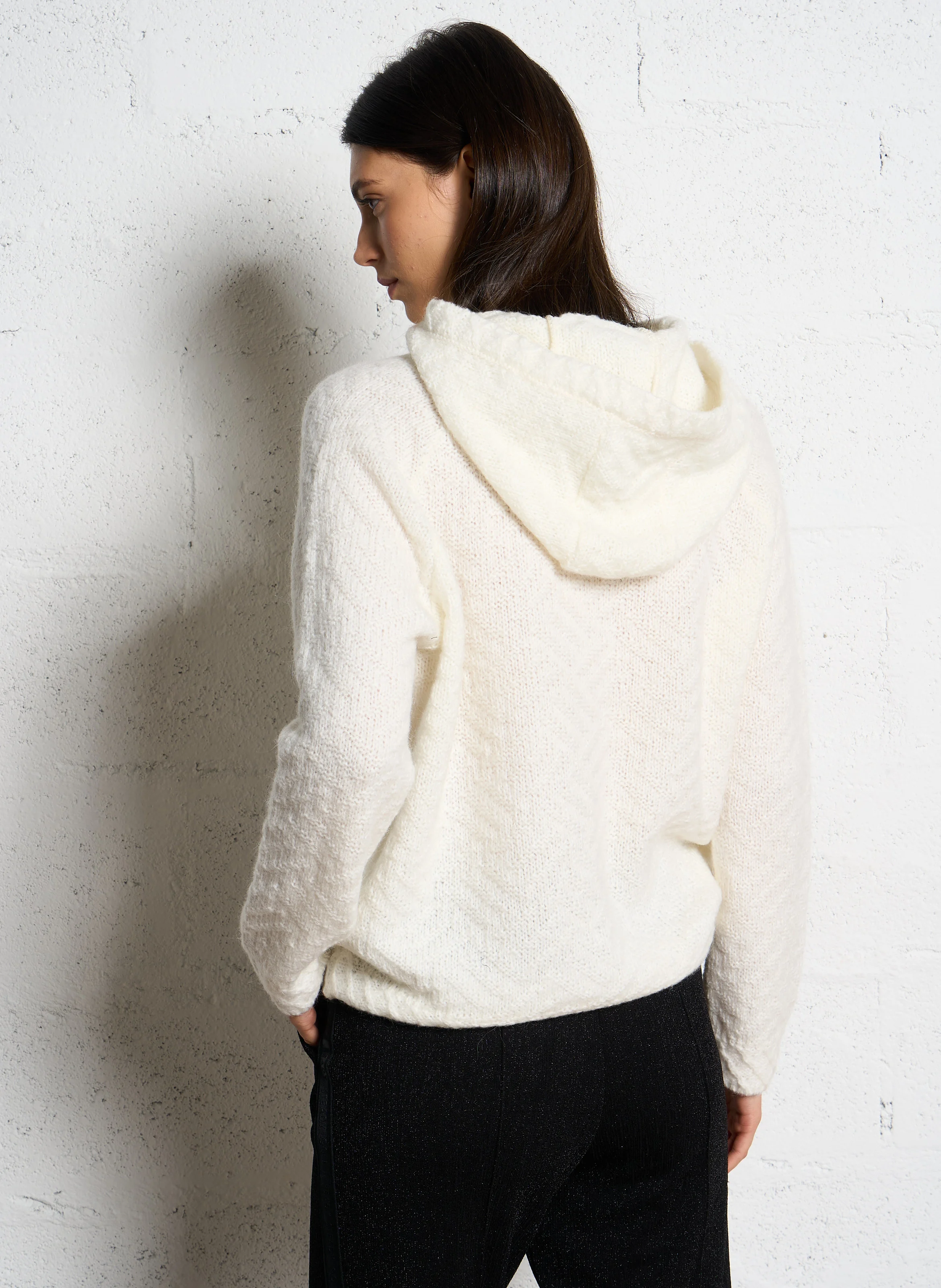 Pull à capuche en tricot fantaisie| Blanc