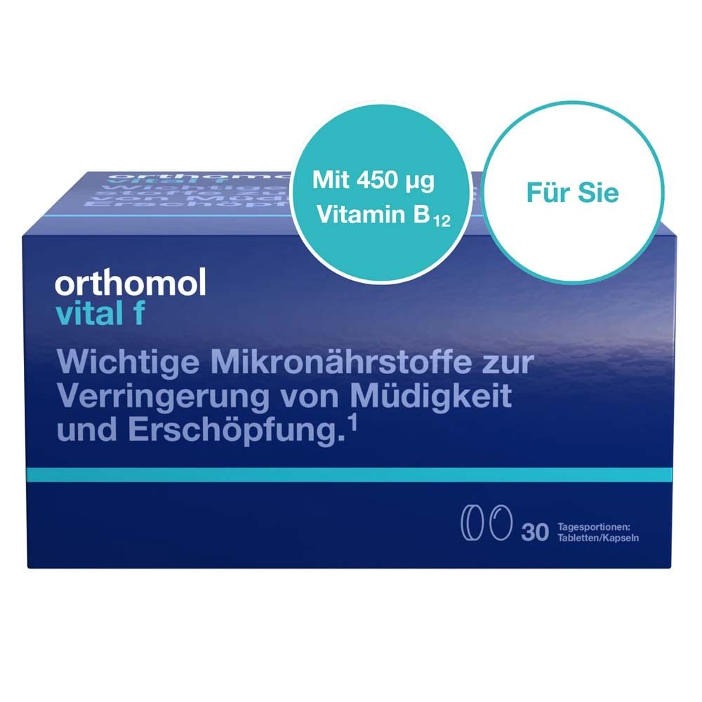 Orthomol Vital f - Mikronährstoffe für Frauen - bei Müdigkeit und Erschöpfung - mit B-Vitaminen, Omega-3, Magnesium - Tabletten/Kapseln