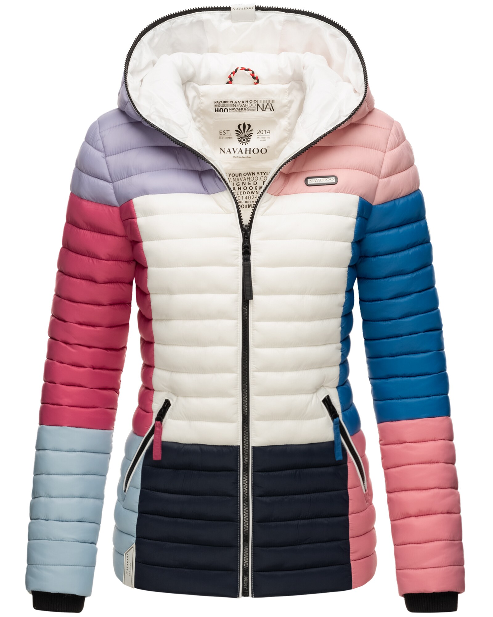 NAVAHOO Damen Stylische Steppjacke Colorblocking Übergangsjacke mit Kapuze Multikulti
