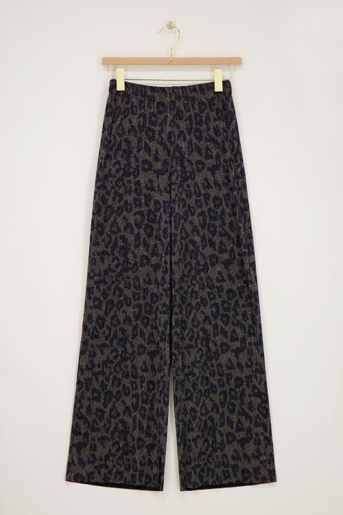 Wijde plissé broek met panterprint en lurex