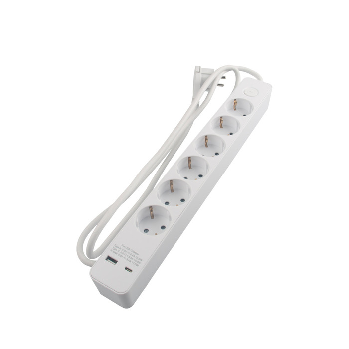 6-stikdåse schuko m/USB og afbryder hvid 1,5 meter - Elworks