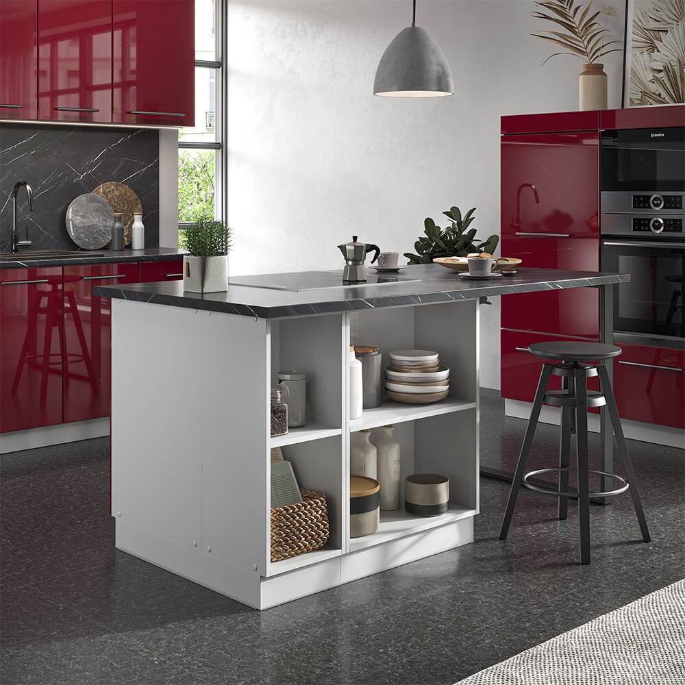 Vicco Kücheninsel Küchenblock Einbauküche Fame-Line Weiß Bordeaux-Rot 90 cm modern Hochglanz Küchen Schränke Apothekerunterschrank Schubunterschrank Regalinselunterschrank Softclose-Scharnier Küchenmöbel