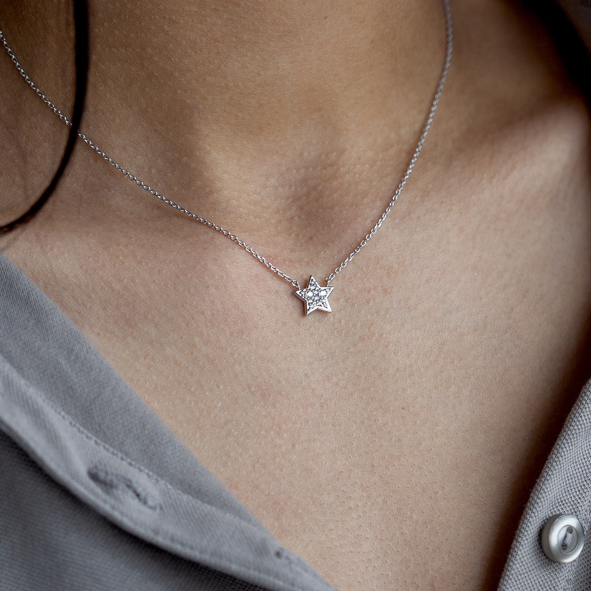Collier argent 925, motif étoile zirconias 45 cm