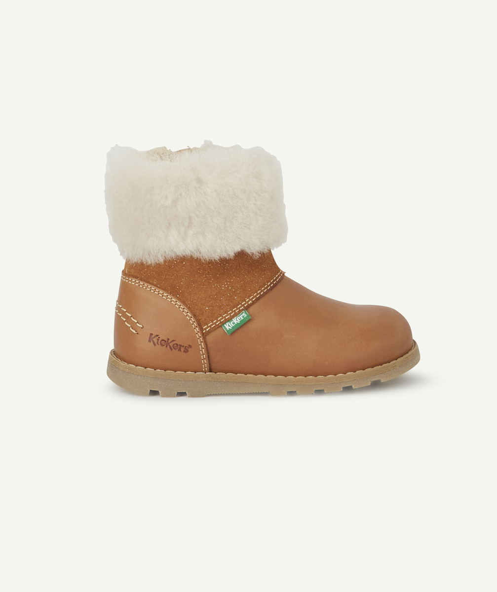 KICKERSBOTTINES BÉBÉ FILLE EN CUIR CAMEL BRILLANT ET FOURRURE