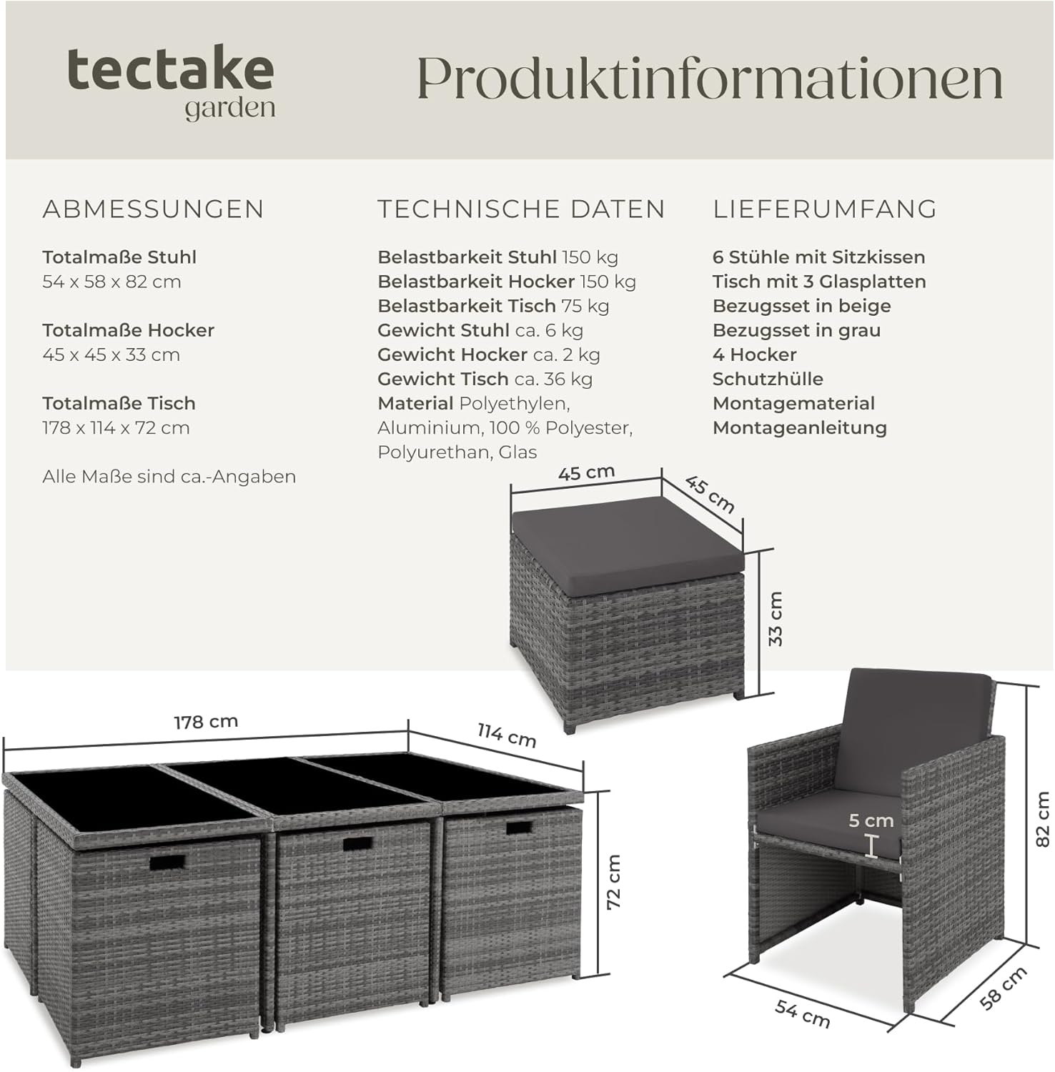 tectake Polyrattan Gartenmöbel Set, Sitzgruppe mit 6 Stühle +1 Glasplatte Tisch + 4 Hocker, Gartenlounge Set klappbar, für bis zu 10 Personen, Balkon Möbel, inkl. 2 Bezugsset - grau
