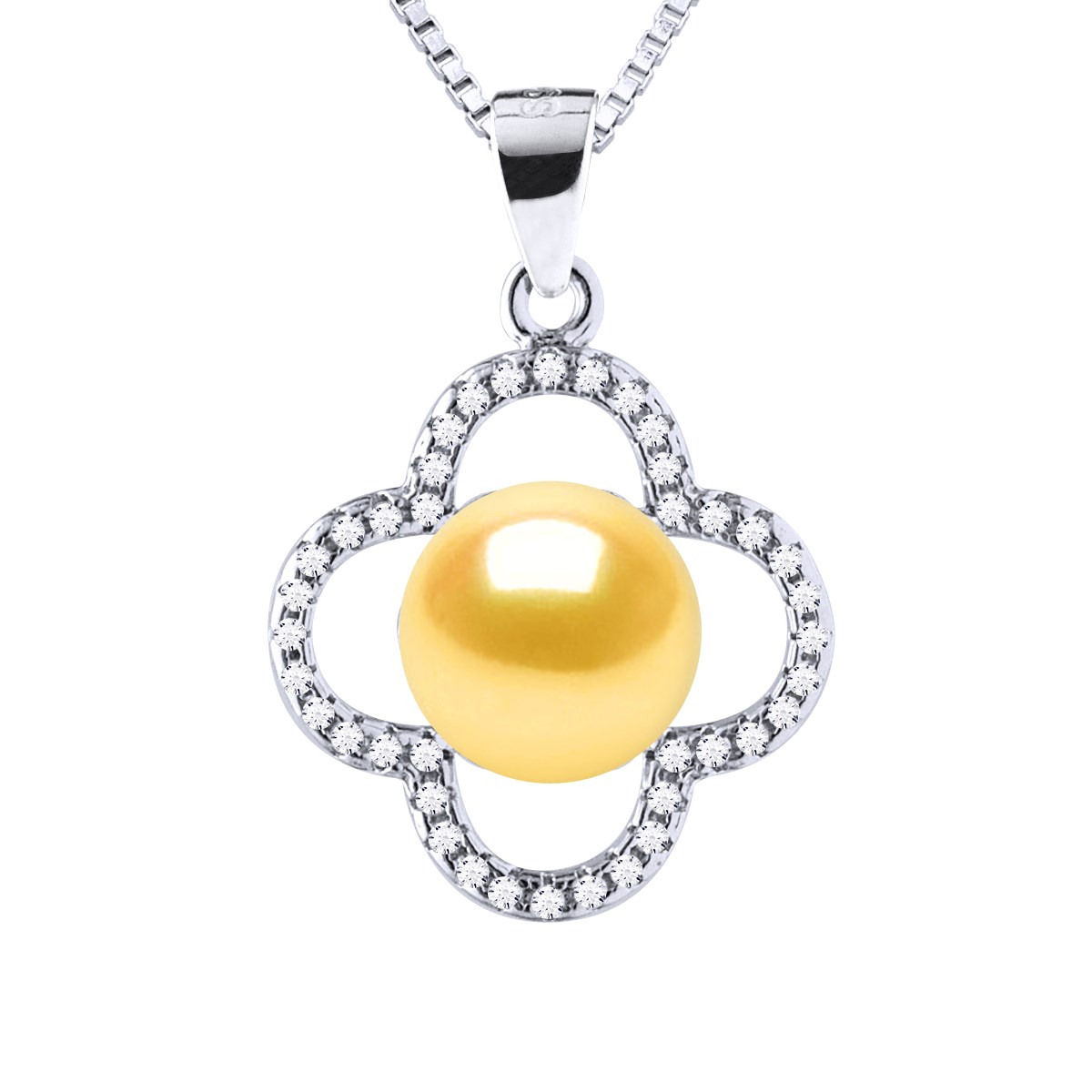 Collier TREFLE Perle d'Eau Douce 9-10 mm Dorée Argent 925