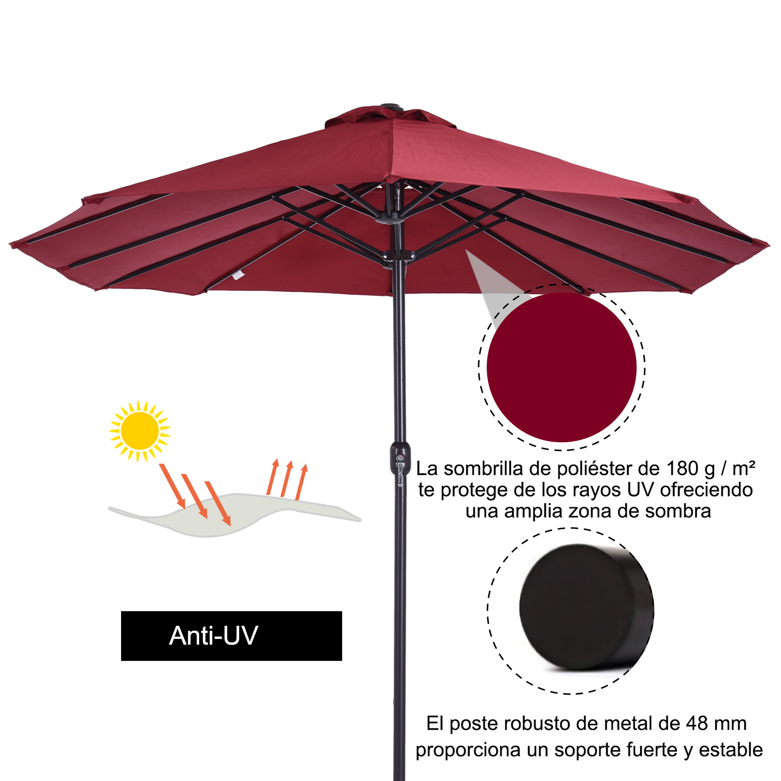 Guarda-sol Outsunny para pátio externo, guarda-sol grande de jardim de 4,6 x 2,7 m com manivela manual, à prova d'água e com proteção solar para pátio, praia e piscina, vermelho.