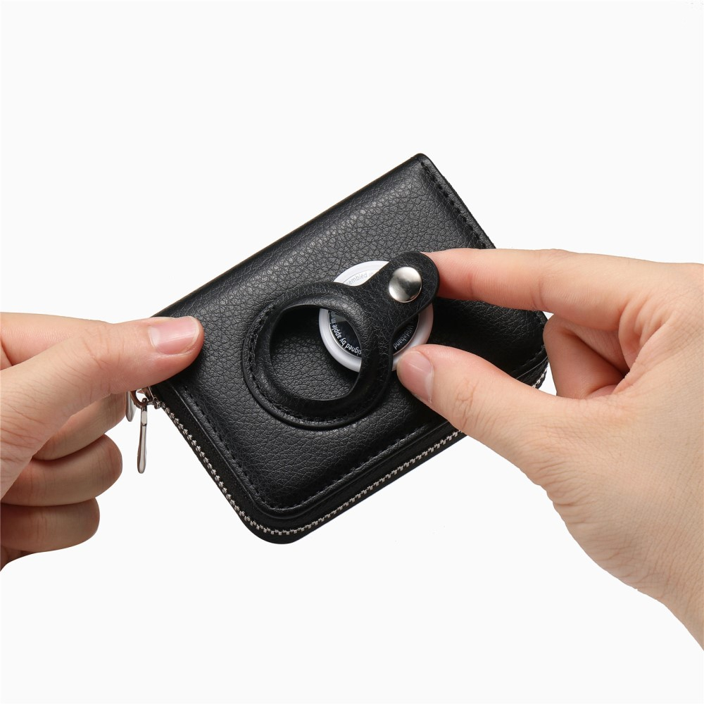 (12.7x11.1x3.6cm) Apple AirTag Wallet Mini Kreditkarten Portemonnaie Leder Etui Geldbörse Litchi Look  (RFID Schutz) - Schwarz