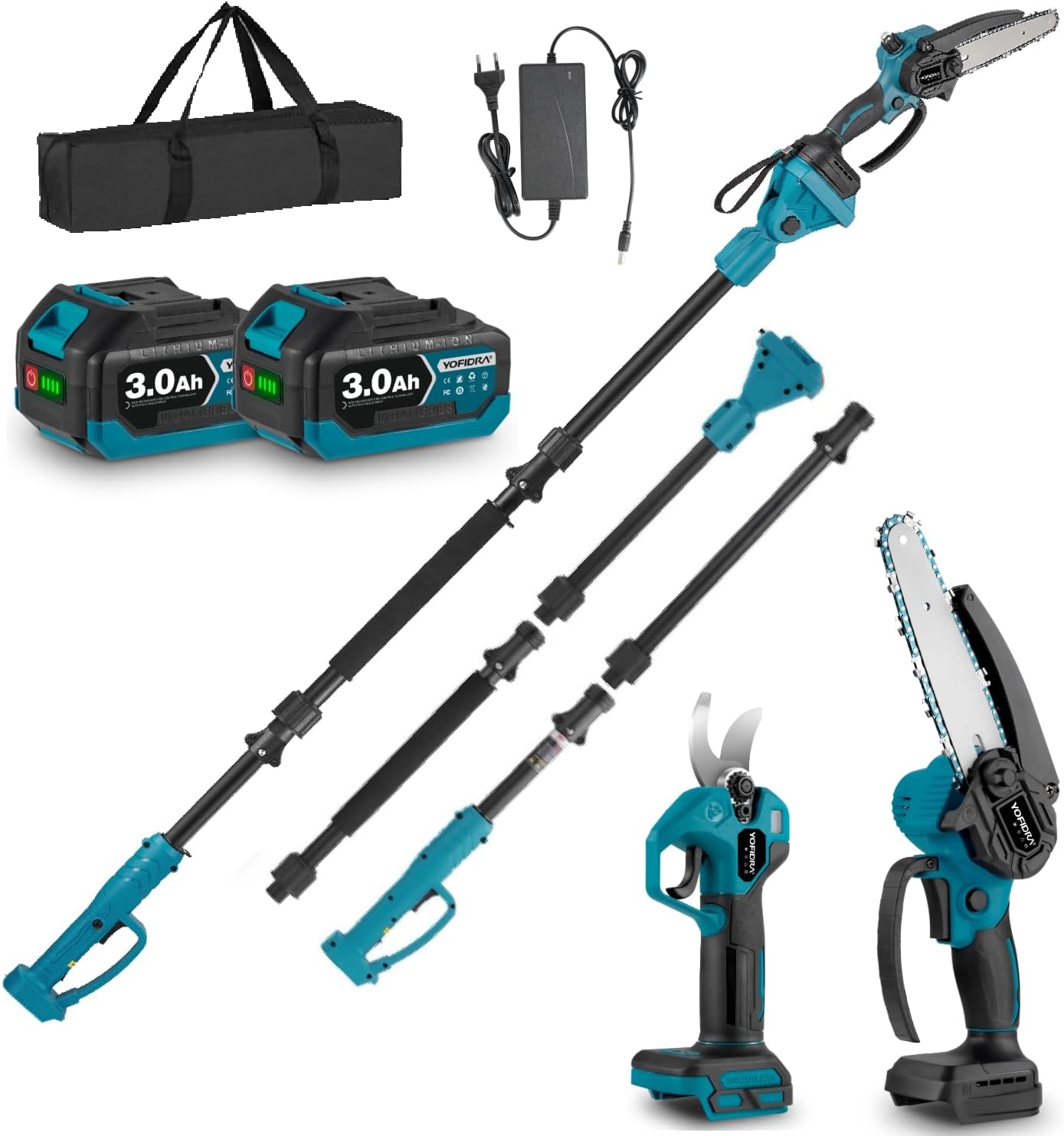 Yofidra 4-IN-1 Akku Hochentaster Ast Kettensäge & Astschere mit Teleskop - Bürstenlos 25mm Baumschere, 6 Zoll Mini Kettensäge, mit 200cm Teleskopstange, 180° Einstellbarer Winkel, 2 x 3.0Ah Akkus