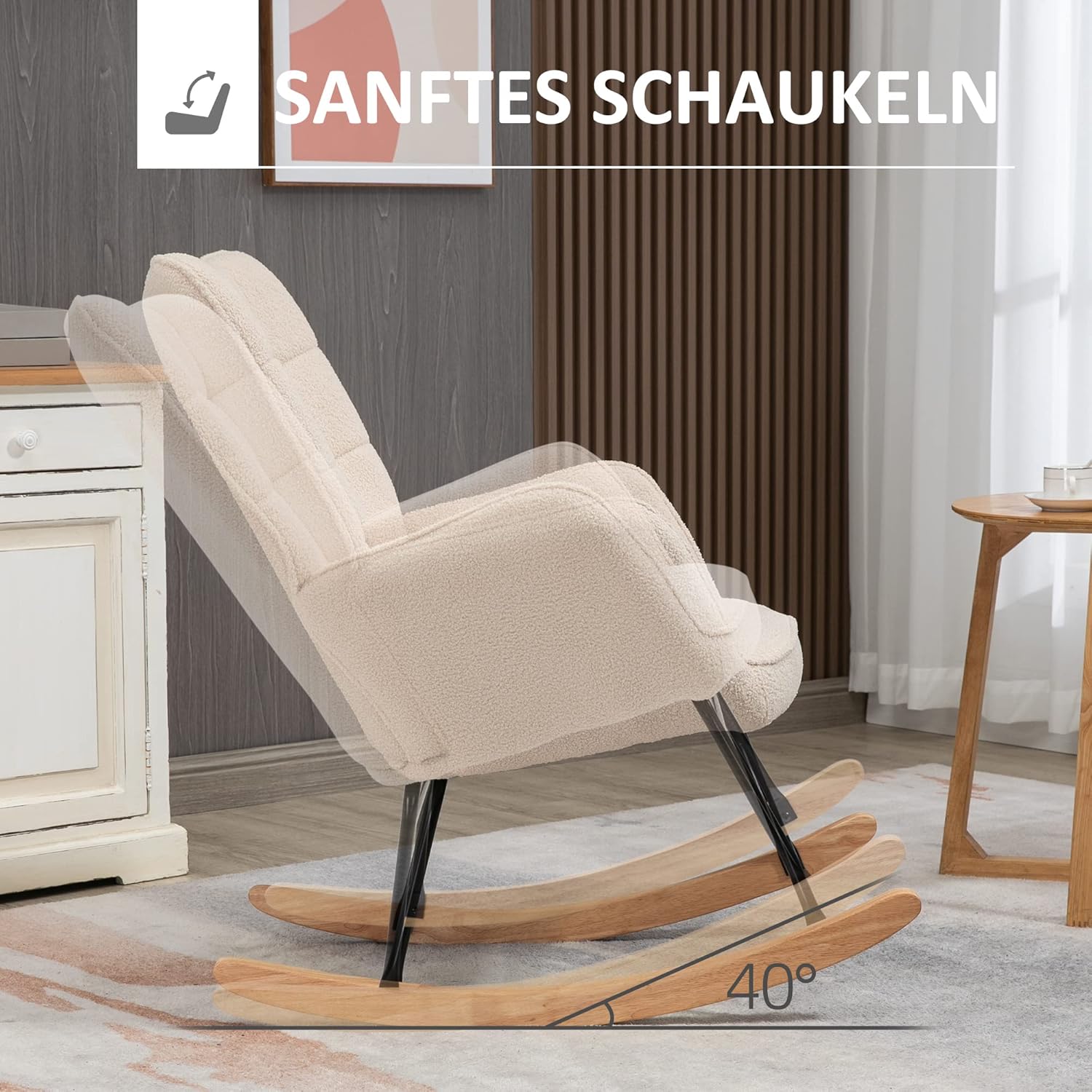HOMCOM Schaukelstuhl, Schaukelsessel mit Berbervliesoptik, Armlehne, Gepolsterter Sessel mit Holzkufen, Relaxsessel für Wohnzimmer, Schlafzimmer, bis 120kg belastbar, Beige