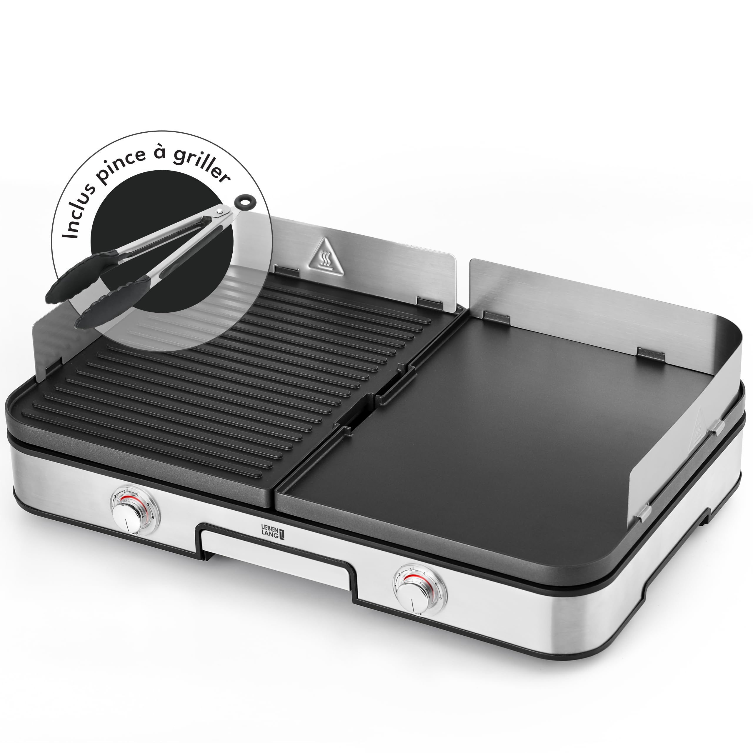 LEBENLANG 2400W Plancha électrique – Avec pince à barbecue & Protection contre les éclaboussures I Pour intérieur & exterieur I Plancha grill electrique Inox Grills électriques XXL