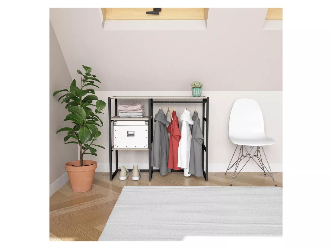 Portant vêtements sous combles penderie et étagères noir L100 x H85 cm