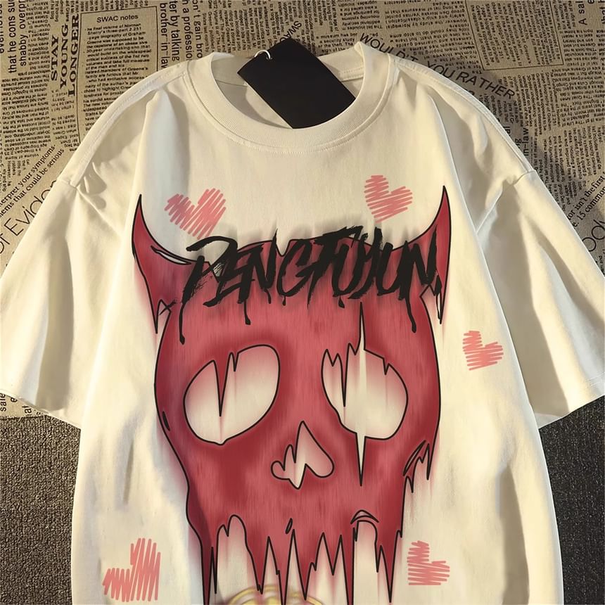 Bay Go Mall - T-shirt met ronde hals en duivelsprint, met elleboogmouwen