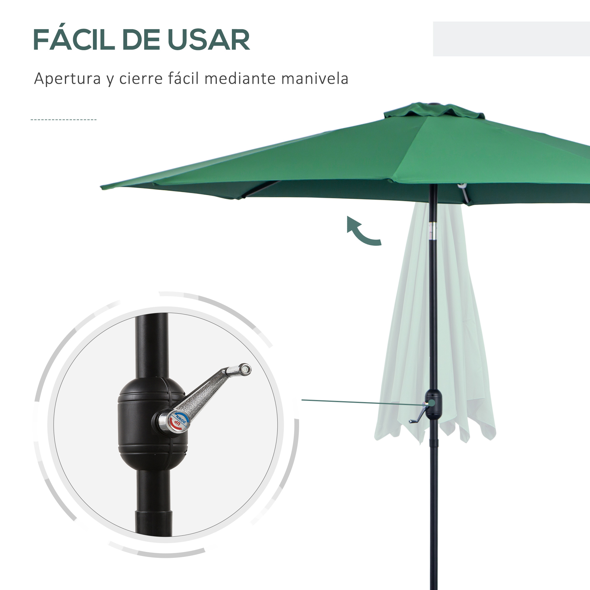 Guarda-sol de jardim Outsunny Ø295x250 cm com manivela, guarda-sol externo com mecanismo de inclinação e mastro de metal removível para terraço, piscina, pátio, verde
