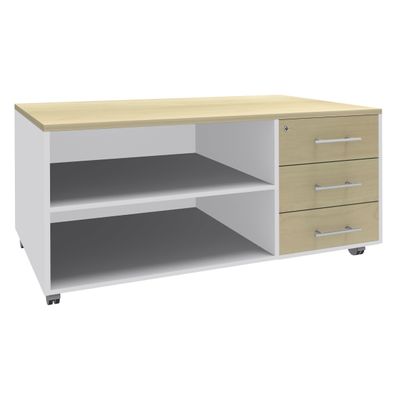 Console mobile LEVEL/STEELY/WOODY- L120 x H63 x P60 cm - 3 tiroirs - coté Blanc - finition façade et dessus imitation Erable