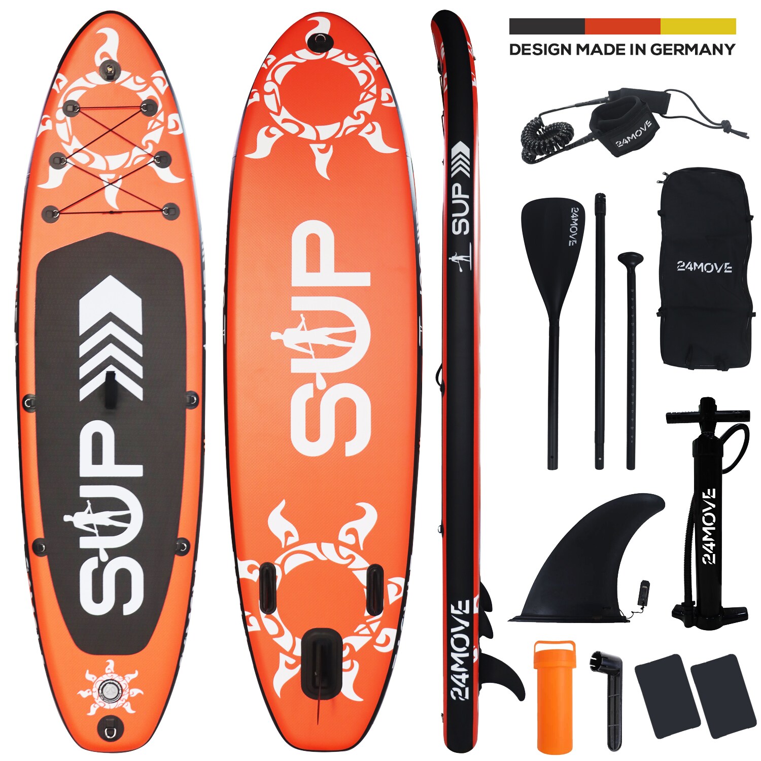 24MOVE® Standup Paddle Board SUP, inkl. umfangreichem Zubehör, Paddel und Hochdruckpumpe, ROT, 366x80x15cm